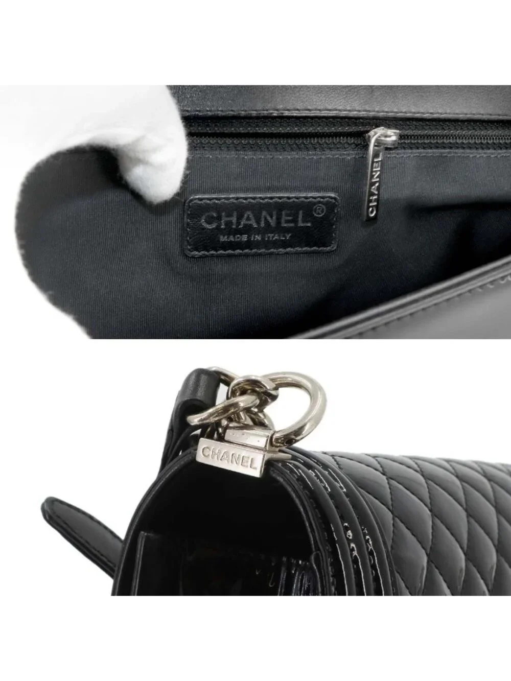 Chanel Boy Chain Shoulder Bag Patent Leather Black Silver